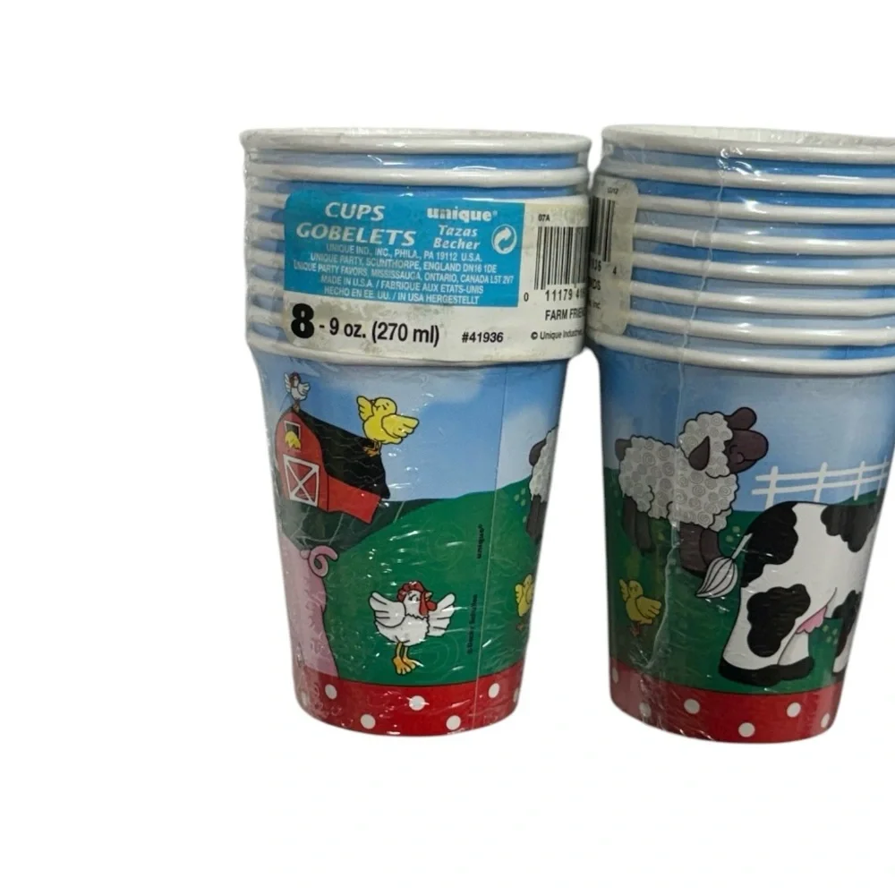 Unique brand 3 sets of 8 cute farm themed cups, 24 total brand new in package!